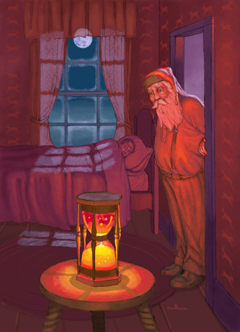 An illustration from David Morrell's wistful story, "The Hundred-Year Christmas" from Overlook Connection Press. Santa's looking worried as the hourglass on the table runs out. It's not a common hourglass though and if it's not turned over in time, dire consequences can be expected.