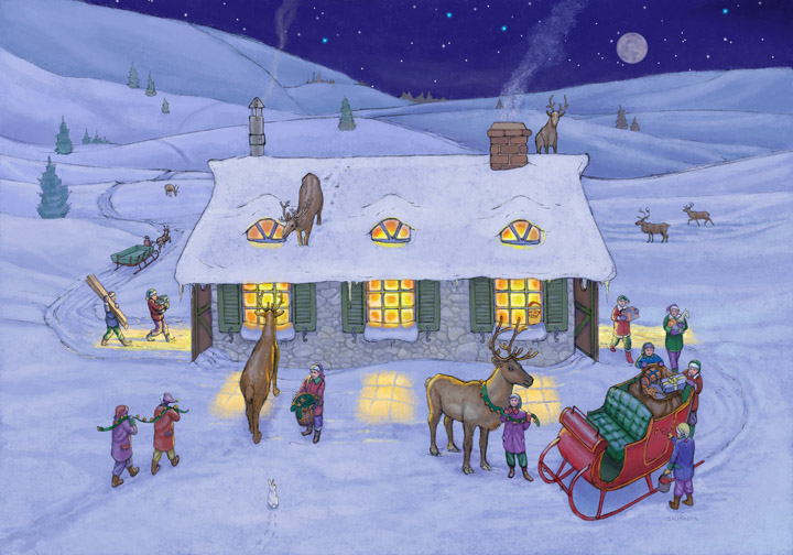The center spread illustration from David Morrell's wistful story, "The Hundred-Year Christmas" from Overlook Connection Press. This is of course, Santa's workshop, and the elves are readying the reindeer for their yearly round-the-world excursion.