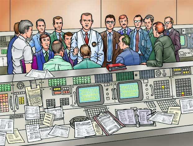 This panel from the illustrated story about Apollo 13 published by Crabtree Publishing shows NASA Flight Director Eugene Kranz with his Apollo 13 mission control crew, as he briefed them on the task to bring the crew home safe and sound. Quite a bit of research was required to find out just how mission control looked in 1970. This room has since been preserved as a bit of history.