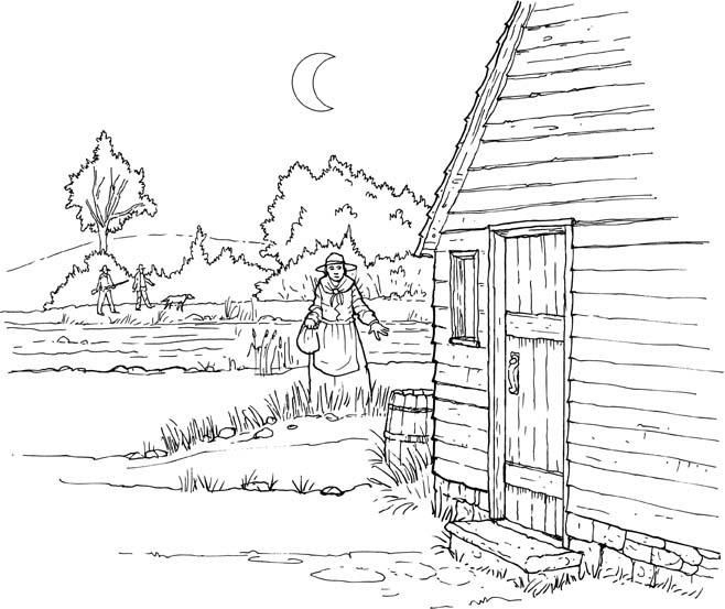 Here's one panel of my illustrated story on Harriet Tubman from "Cooperation" published by Crabtree Publishing. This ink drawing was later colored, captioned and composed into the book's pages by the publisher. It shows Harriet cautiously approaching one "stop" on the Underground Railroad" during the Civil War.