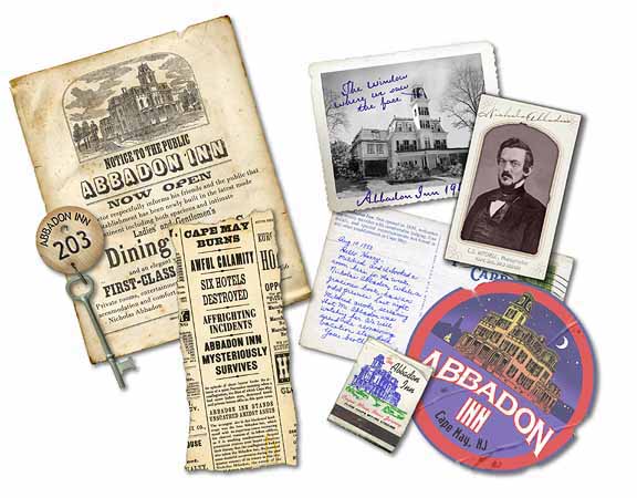 This assortment of documents and objects was created from scratch for the Berkley Books' "Novels of the Abbadon Inn" series. This double-page spread shows a range of documents from different centuries, each one telling an intriguing bit of history about this fictional haunted inn. All graphics, typefaces and designs are authentic for the periods.