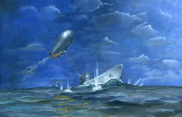 This painting is an accurate portrayal of the only (officially) acknowledged battle between a US Navy airship and a German U-Boat. On July 18, 1943, the US Naval Blimp K-74 attacked and damaged the German U-Boat U-134 off the Florida straits and saved nearby merchant ships from probable sinking. The K-74 was shot down with the loss of its bombardier. The German U-Boat, its diving tanks badly damaged by the K-74's attack, was forced to limp across the Atlantic for its home base. It was discovered, bombed and sunk by allied aircraft 30 days later.
