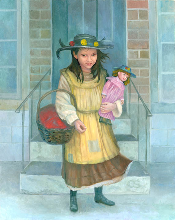 This is the cover painting for "A Little Princess" by Frances Hodgson Burnett, published by Greenwich Workshop and Hallmark. My model for this was a little girl just leaving for karate class so she posed with her karate gi at her front door. The art reproduced as a tiny 2 5/8 inch color print mounted into a velvet embossed cover.