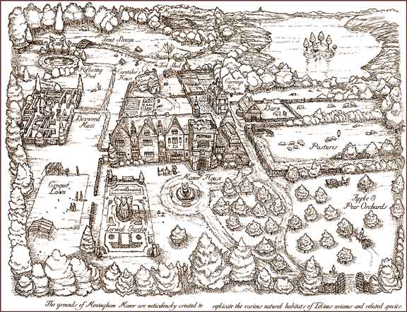 This highly detailed pen and ink drawing commissioned by Greenwich Workshop shows the fanciful Victorian mansion and grounds where a part cat, part butterfly creature could be found.