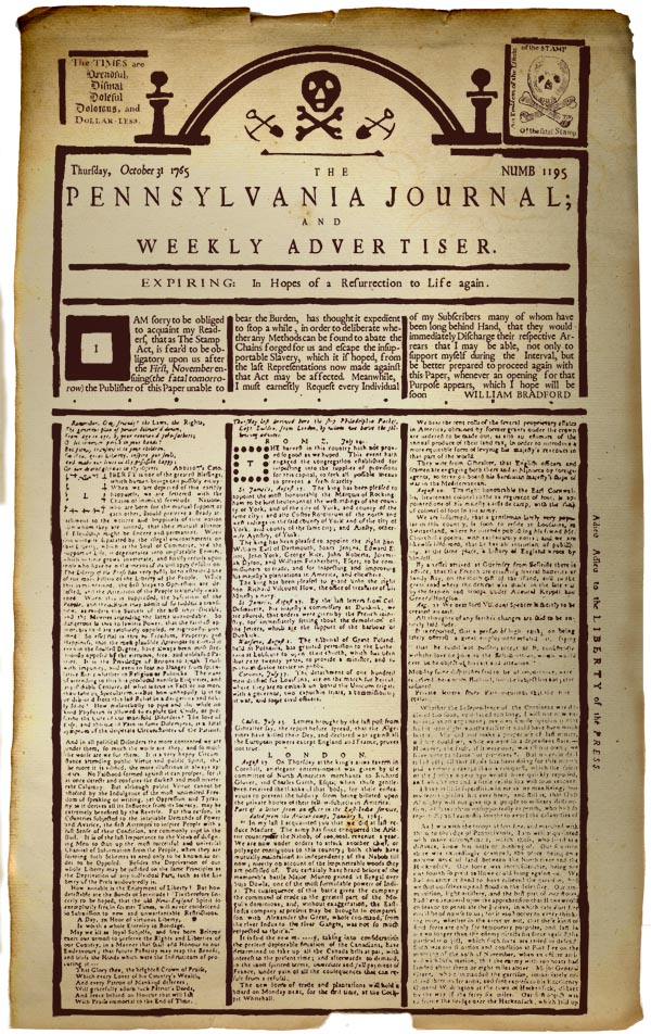 This is a restoration of the October 31, 1765 Pennsylvania Journal, the famous "last issue" which editorialized about the dire financial straits in which the newspaper would be placed because of the Stamp Act. The Stamp Act (to start the following day) required newspapers to pay a tax to the Crown and attach a stamp on every issue....a very large burden. Actual 250 year-old paper was scanned in to create the paper texture, and then authentic period fonts were used to clearly recreate the text. The rest of the design content was created digitally to match the original newspaper.