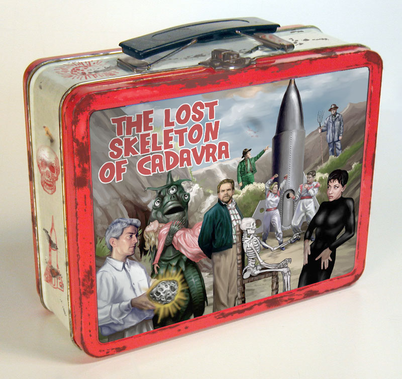 One of the many Lost Skeleton of Cadavra "Skelectables" I created for the Sony Tristar Pictures movie website. This is a combination photo manipulation and digital painting made to evoke those cool old lithographed sheet metal lunch boxes of the 1950s.