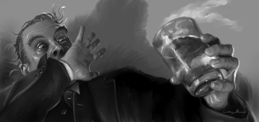 From Moonstone Books, series, "The Spider," the 1930s crime fighter, in this story, "Judgment Knight," the villain, a Jekyll-Hyde sort of guy, recoils from the potion that transforms him.