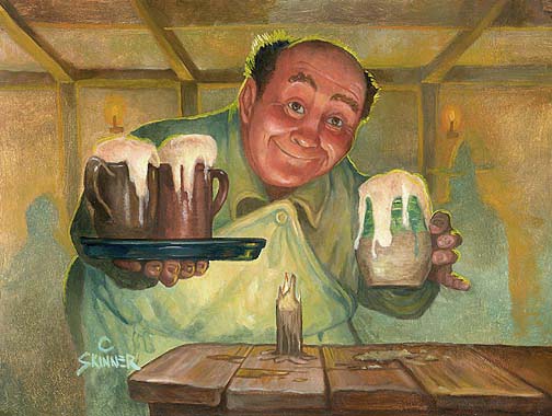 Barliman Butterbur, the owner of the Inn of the Prancing Pony from J. R. R. Tolkien's epic fantasy The Lord of the Rings. The pottery you see Barliman holding is painted from examples of authentic 18th and 17th century reproduction ceramics created by historic potter Julia Smith, and can be found at historic sites across the country.