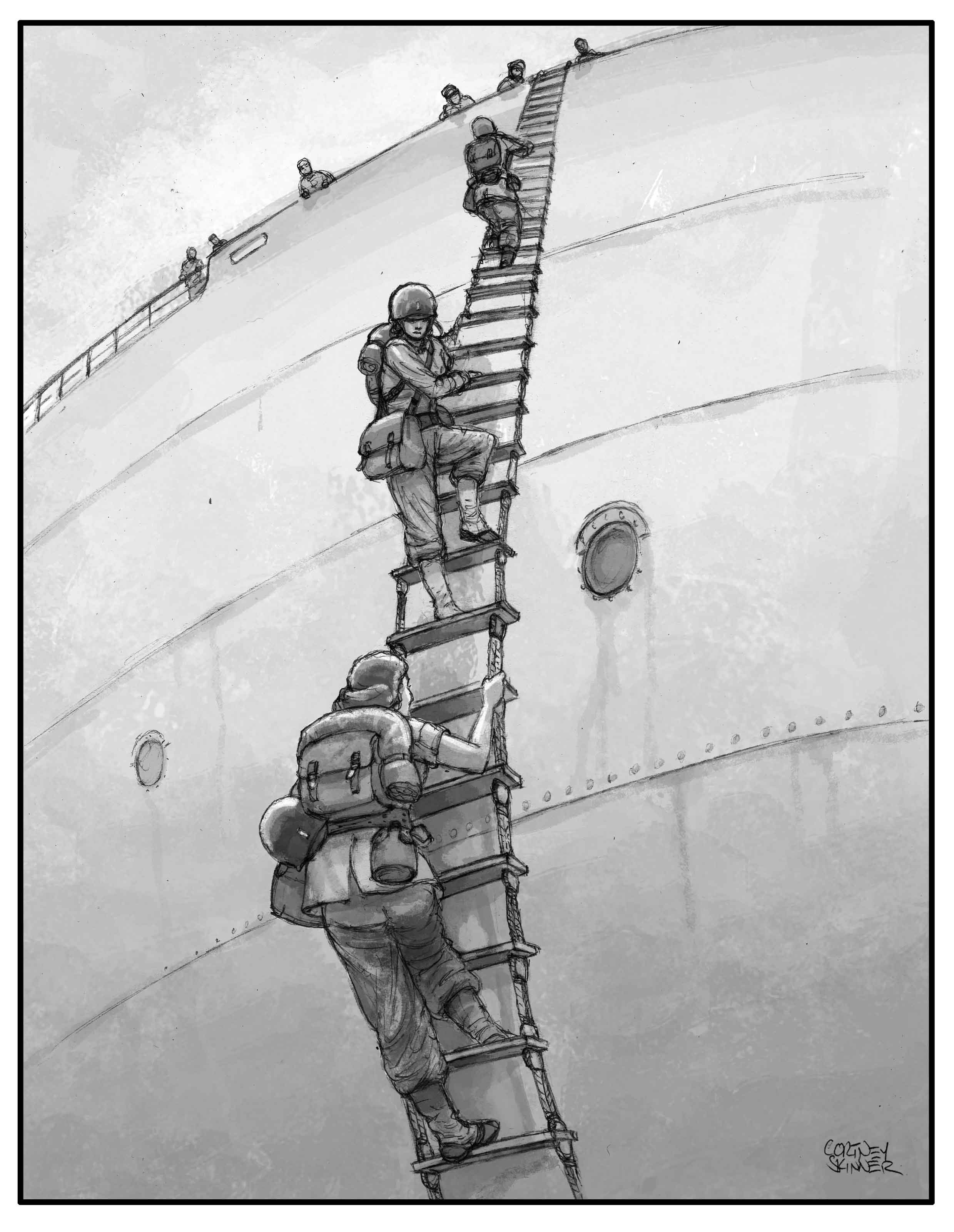 Army Nurses Descending a "Jacob's Ladder" down the hull of a USN Ship During WWII