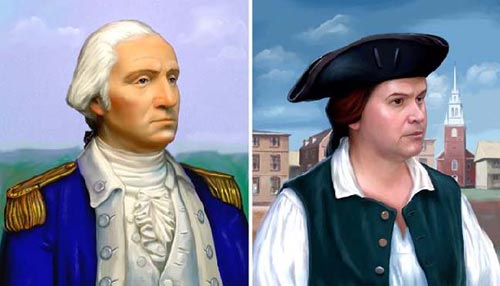 Digital/Painter

Both of these illustrations were commissioned by Spyglass Books, and both took a considerable amount of research to complete. The Washington portrait was based on the Houdon statue in the state capitol in Richmond, Virginia. Washington's uniform from the late war was the model for the clothing. The Paul Revere portrait was posed by a living historian who does a first person interpretation of Revere at historic sites. His resemblance to Revere was startling, although I had to bring his features more in line with the Copley portrait of Revere by sharpening the angle of his nostrils, and enhancing the upturned angle of his upper lip.