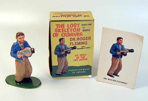 Dr. Roger Fleming Figurine
This little figurine, 3" high, was made as a "Skelectable" for the movie "The Lost Skeleton of Cadavra," and was based on the now highly collectable Marx miniature figures of the 1950's. Each figure was hand-painted and had a trading card included telling the character's history. 
