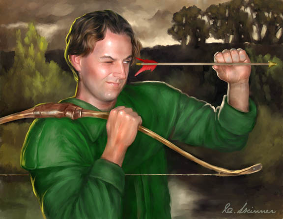 "Fletcher"
Created for a collectable card game that was cancelled by the publishers while in production, this artwork was a great deal of fun to create even though it never saw print. This painting, to be reproduced at only a 1" x 2" size on a playing card, shows a "fletcher" eyeing his handiwork. A fletcher was a very specialized craftsperson who attached the feathers to an arrow in order to ensure that their flight would be true. The feathers' arrangement on the shaft in the proper position can give an arrow spin and therefore greater accuracy.
