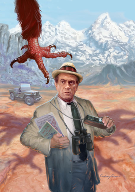 The is the first cover painting I did for Moonstone Books "Big Book of Kolchak the Night Stalker." Not based on any particular story in the book, I always liked the idea of Carl facing a scary menace in broad daylight rather than in the stereotypical nighttime. But where to place Carl? I stuck Carl out in the desert (so I gave him a jeep to get him there) and I had him clutching two books, "Cryptozoological Winged Monsters of the World" and "Exotic Birds of North America." There's something exotic over his head.