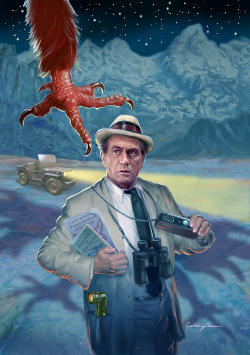 Here's Kolchak again... for Moonstone Books "Big Book of Kolchak the Night Stalker."  with his trusty miniature Rollei-16 16mm camera, but this time at night. The publisher wanted Carl to be facing the menace in the evening, not in broad daylight as I had first painted him... oh well. so I completely redid all the elements, adding stars, headlight beams and light effects and altering the hues for nighttime.