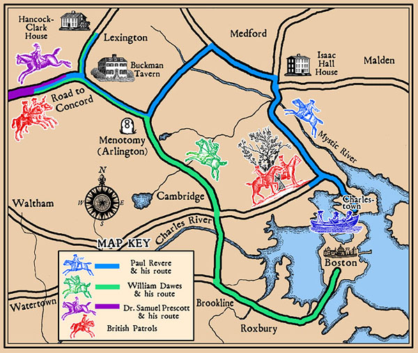 Commissioned by Paul Revere Memorial Association, this map shows the rides of Revere, Dawes and Prescott as well as the locations where they encountered the British Regulars. I used period graphics for the houses and people to bring to mind a little taste of the period. The interactive map can be seen at:
http://www.paulreverehouse.org/ride/virtual.html