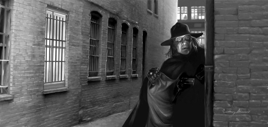 From Moonstone Books, series, "The Spider," the 1930s crime fighter, our hero skulks down a New York City alleyway toward his quarry.